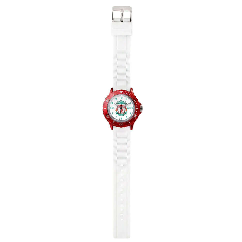 Liverpool FC Crest Time Teacher Watch LKT Sport Junior analogue watch with easy read numbers and time teacher handsFeaturing an LFC crest dial in metal casingVibrant and tactile silicone strap with traditional buckle fasteningDesigned to help children lea