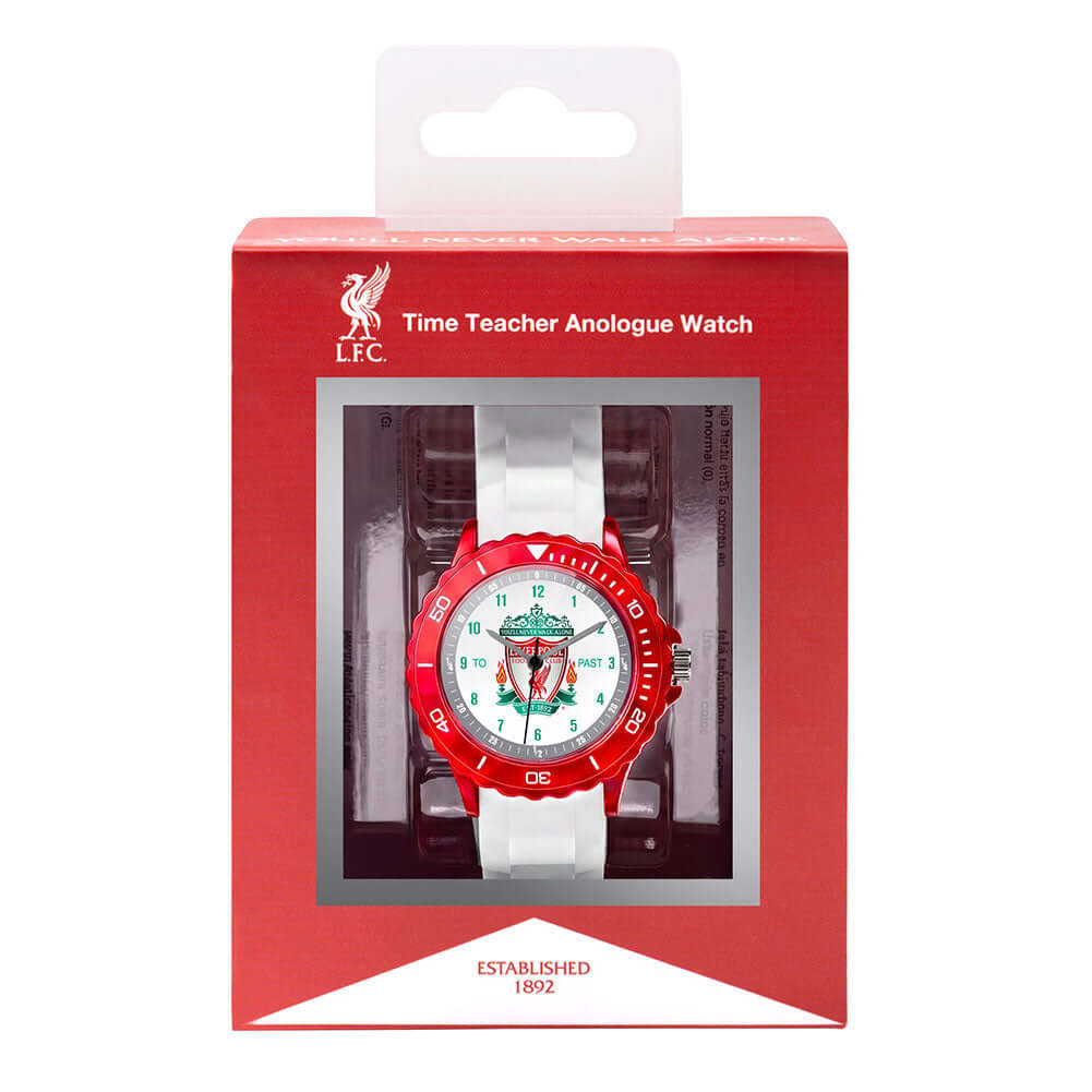 Liverpool FC Crest Time Teacher Watch LKT Sport Junior analogue watch with easy read numbers and time teacher handsFeaturing an LFC crest dial in metal casingVibrant and tactile silicone strap with traditional buckle fasteningDesigned to help children lea