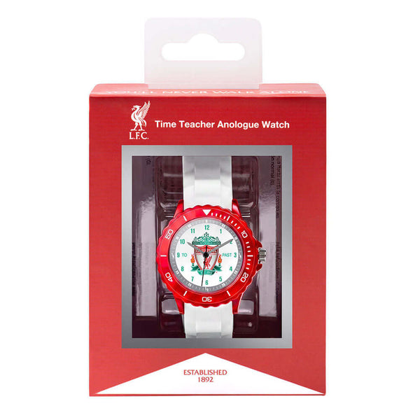 Liverpool FC Crest Time Teacher Watch LKT Sport Junior analogue watch with easy read numbers and time teacher handsFeaturing an LFC crest dial in metal casingVibrant and tactile silicone strap with traditional buckle fasteningDesigned to help children lea