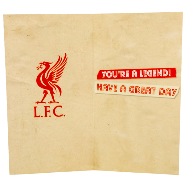 Liverpool FC Dad Birthday Card LKT Sport Red and white gloss finish birthday cardFeaturing a Liverbird crest with the text 'For you Dad' and 'This is Anfield'Message inside reads 'You're a legend! Have a great day'Official licensed productApprox 22cm x 12