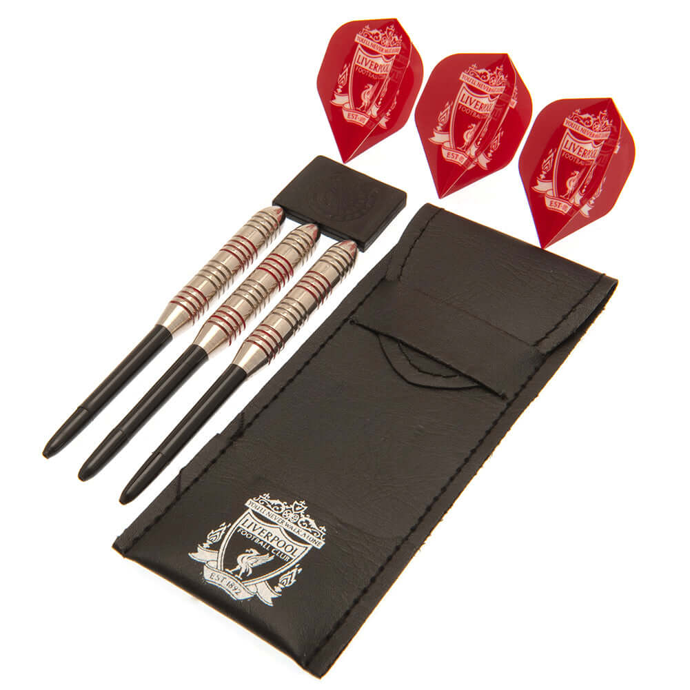 Liverpool FC Darts Set LKT Sport LFC essential darts set3 x dart barrels with red detail3 x black dart shafts3 x red dart flights with white Liverpool crestsComplete with a PU carts case printed with the Liverpool crestOfficial licensed product Darts Hauptbild