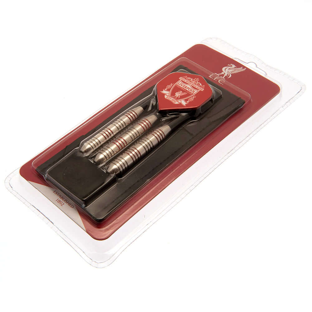 Liverpool FC Darts Set LKT Sport LFC essential darts set3 x dart barrels with red detail3 x black dart shafts3 x red dart flights with white Liverpool crestsComplete with a PU carts case printed with the Liverpool crestOfficial licensed product Darts