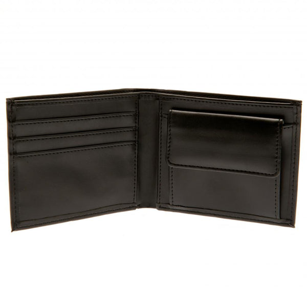 Liverpool FC Debossed Wallet LKT Sport Black PU wallet featuring a large debossed club crest 3 card slots and 2 note pockets Change pocket with secure stud fastener 1 additional compartment Official licensed product Approx 11cm x 9cm In a display box Wall