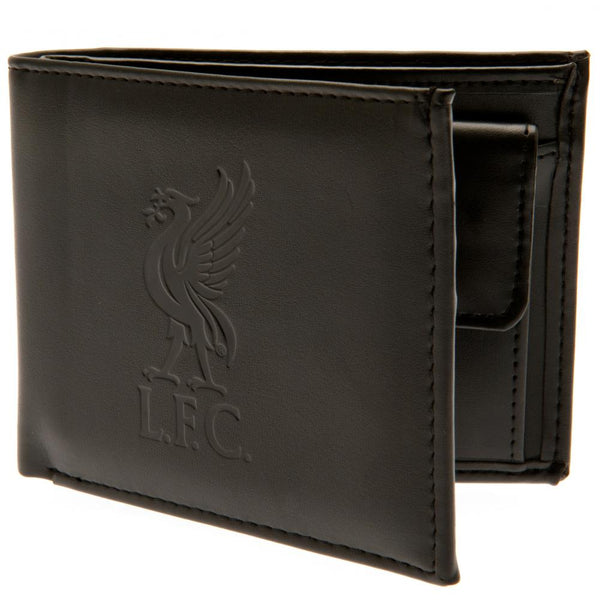 Liverpool FC Debossed Wallet LKT Sport Black PU wallet featuring a large debossed club crest 3 card slots and 2 note pockets Change pocket with secure stud fastener 1 additional compartment Official licensed product Approx 11cm x 9cm In a display box Wall