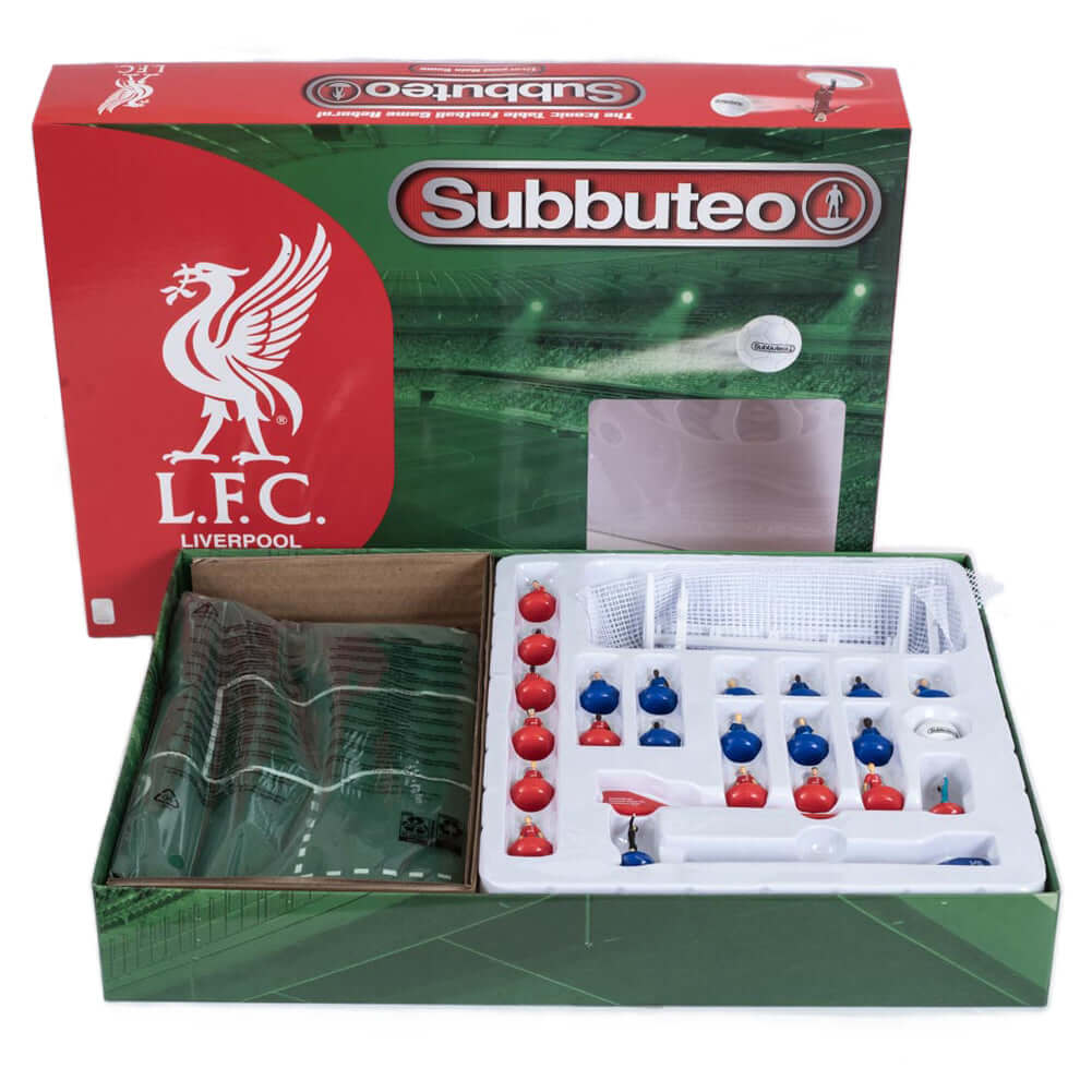 Liverpool FC Edition Subbuteo Main Game LKT Sport Subbuteo, the classic table football game is back.Featuring a new high quality pitch and re-engineered players with more strengthIncludes 1 Liverpool team, 1 opposition team, 2 goals, 1 ball and the pitchS