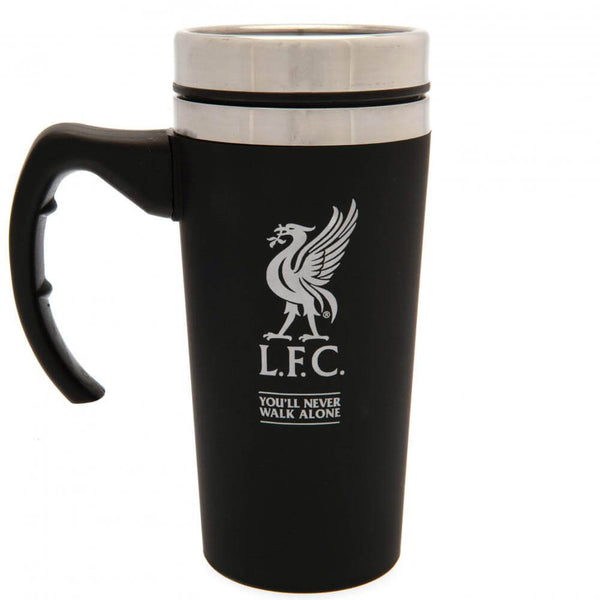 Liverpool FC Executive Handled Travel Mug LKT Sport Stainless steel double-walled thermal travel mugMaintains the temperature of your drink for longerExecutive design finish with a foil printed Liverpool crestScrew top lid with slide closing drinking hole