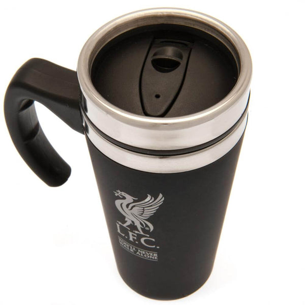 Liverpool FC Executive Handled Travel Mug LKT Sport Stainless steel double-walled thermal travel mugMaintains the temperature of your drink for longerExecutive design finish with a foil printed Liverpool crestScrew top lid with slide closing drinking hole