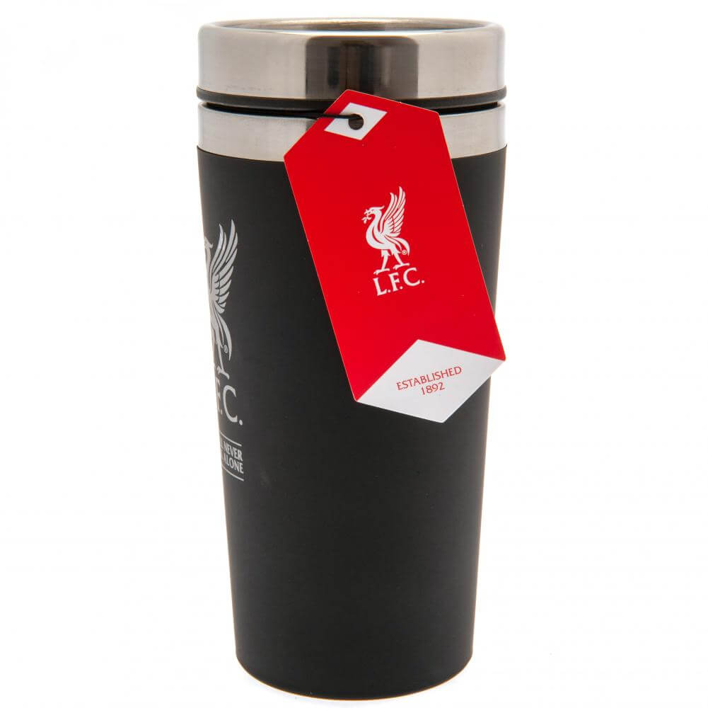 Liverpool FC Executive Handled Travel Mug LKT Sport Stainless steel double-walled thermal travel mugMaintains the temperature of your drink for longerExecutive design finish with a foil printed Liverpool crestScrew top lid with slide closing drinking hole