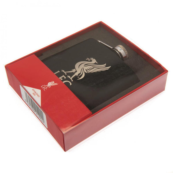 Liverpool FC Executive Hip Flask LKT Sport 6oz hip flask Stainless steel flask with a matt black finish Foil print club crest Official licensed product Approx 180ml (6oz) Approx 9cm x 2cm In a presentation box Flasks