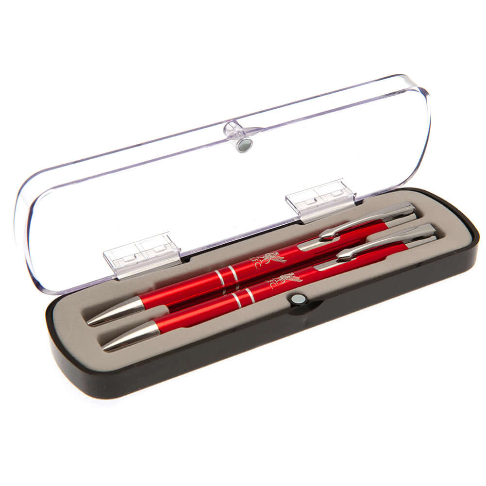 Liverpool FC Executive Pen & Pencil Set LKT Sport Red pen and pencil gift set featuring a silver Liverbird crestExecutive pen has blue inkBoth the pen and pencil are contained within a clear Perspex display casePerfect executive gift for a Liverpool fanOf Main image