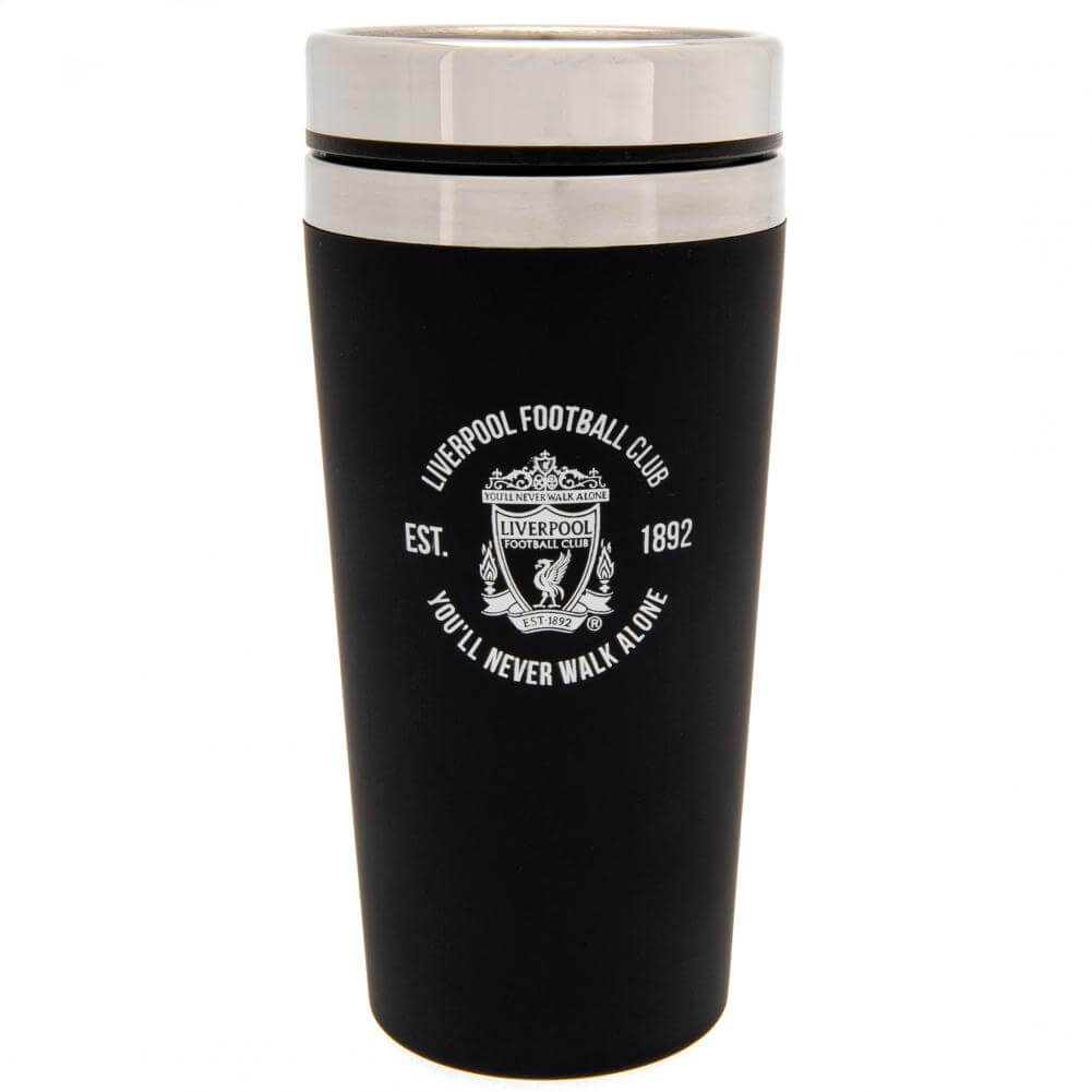 Liverpool FC Executive Travel Mug LKT Sport Stainless steel double-walled thermal travel mugMaintains the temperature of your drink for longerExecutive design finished with a matt black soft feelSilver rim screw top lid with slide close drinking holeOffic