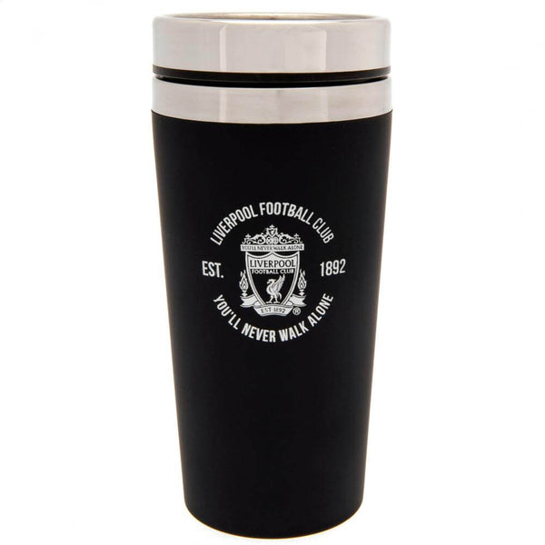 Liverpool FC Executive Travel Mug LKT Sport Stainless steel double-walled thermal travel mugMaintains the temperature of your drink for longerExecutive design finished with a matt black soft feelSilver rim screw top lid with slide close drinking holeOffic