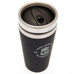 Liverpool FC Executive Travel Mug LKT Sport Stainless steel double-walled thermal travel mugMaintains the temperature of your drink for longerExecutive design finished with a matt black soft feelSilver rim screw top lid with slide close drinking holeOffic