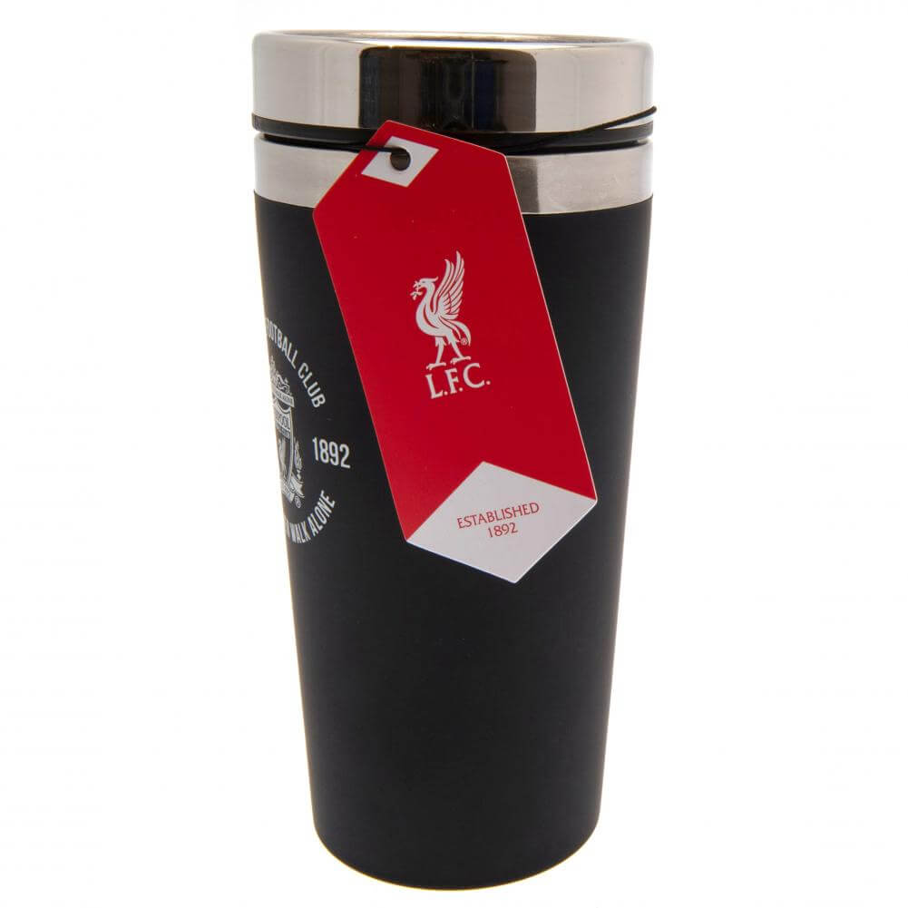 Liverpool FC Executive Travel Mug LKT Sport Stainless steel double-walled thermal travel mugMaintains the temperature of your drink for longerExecutive design finished with a matt black soft feelSilver rim screw top lid with slide close drinking holeOffic