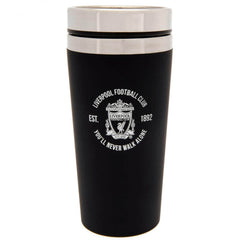 Liverpool FC Executive Travel Mug LKT Sport Stainless steel double-walled thermal travel mugMaintains the temperature of your drink for longerExecutive design finished with a matt black soft feelSilver rim screw top lid with slide close drinking holeOffic