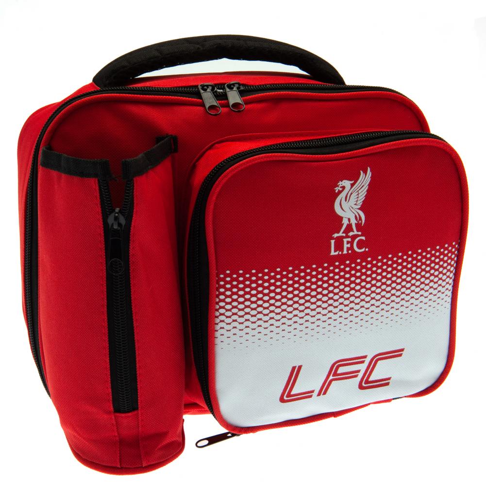 Liverpool FC Fade Lunch Bag LKT Sport Fade design lunch bag featuring LFC text and Liverbird club crest Main compartment has a double zipped opening for easy access Additional zipped front pocket and zipped bottle holder With carry handle Wipe clean polye