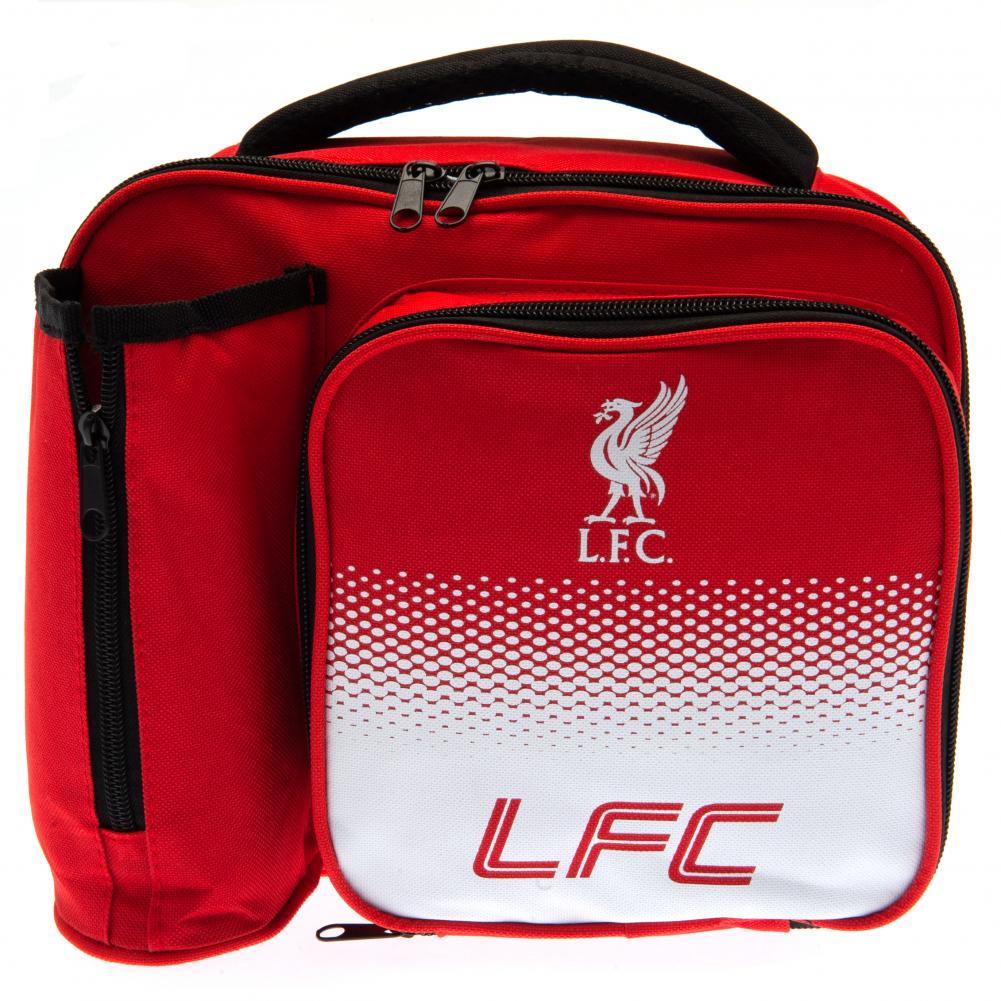 Liverpool FC Fade Lunch Bag LKT Sport Fade design lunch bag featuring LFC text and Liverbird club crest Main compartment has a double zipped opening for easy access Additional zipped front pocket and zipped bottle holder With carry handle Wipe clean polye