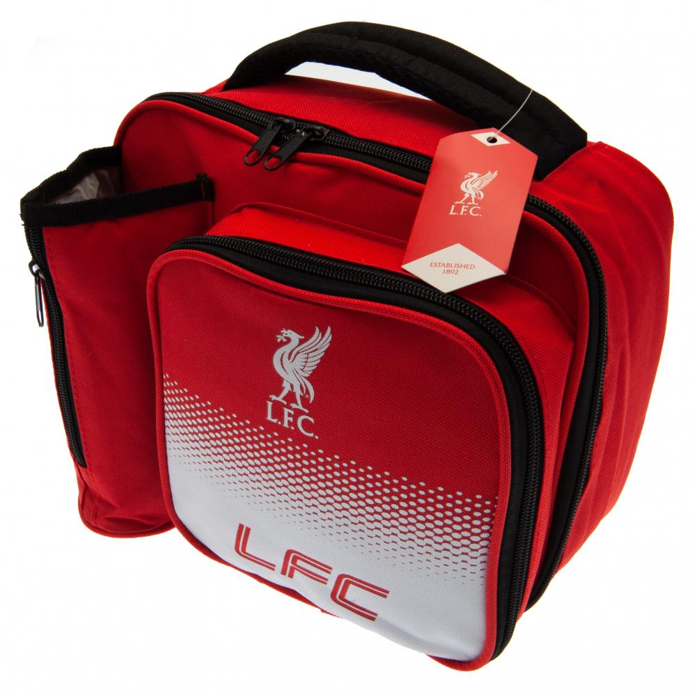 Liverpool FC Fade Lunch Bag LKT Sport Fade design lunch bag featuring LFC text and Liverbird club crest Main compartment has a double zipped opening for easy access Additional zipped front pocket and zipped bottle holder With carry handle Wipe clean polye