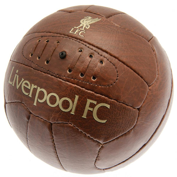 Liverpool FC Faux Leather Football LKT Sport Faux leather effect heritage football Featuring gold debossed print Liverpool crest and text 18 panel retro style ball with stitched feature Official licensed product Size 5 football Approx 69cm in circumferenc