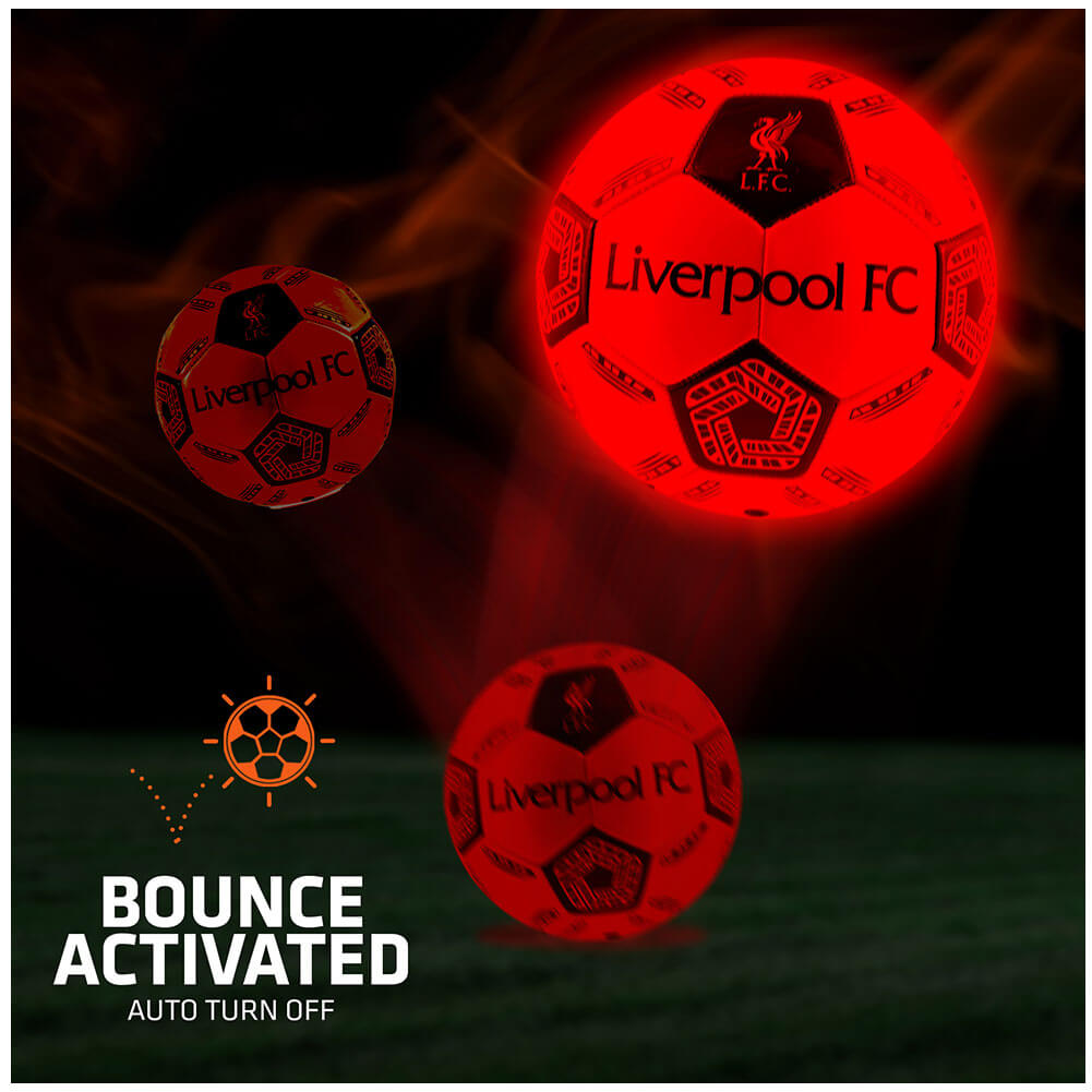 Liverpool FC LED Glow Football LKT Sport Orange LED glow 32 panel footballFeaturing Liverbird crest and Liverpool FC text30 hours of continuous light up fun!Bounce activated with auto turn offBatteries included, fill 7.5-8.5 PSI for optimal bounceSuitable