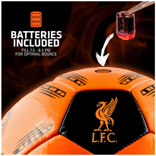 Liverpool FC LED Glow Football LKT Sport Orange LED glow 32 panel footballFeaturing Liverbird crest and Liverpool FC text30 hours of continuous light up fun!Bounce activated with auto turn offBatteries included, fill 7.5-8.5 PSI for optimal bounceSuitable