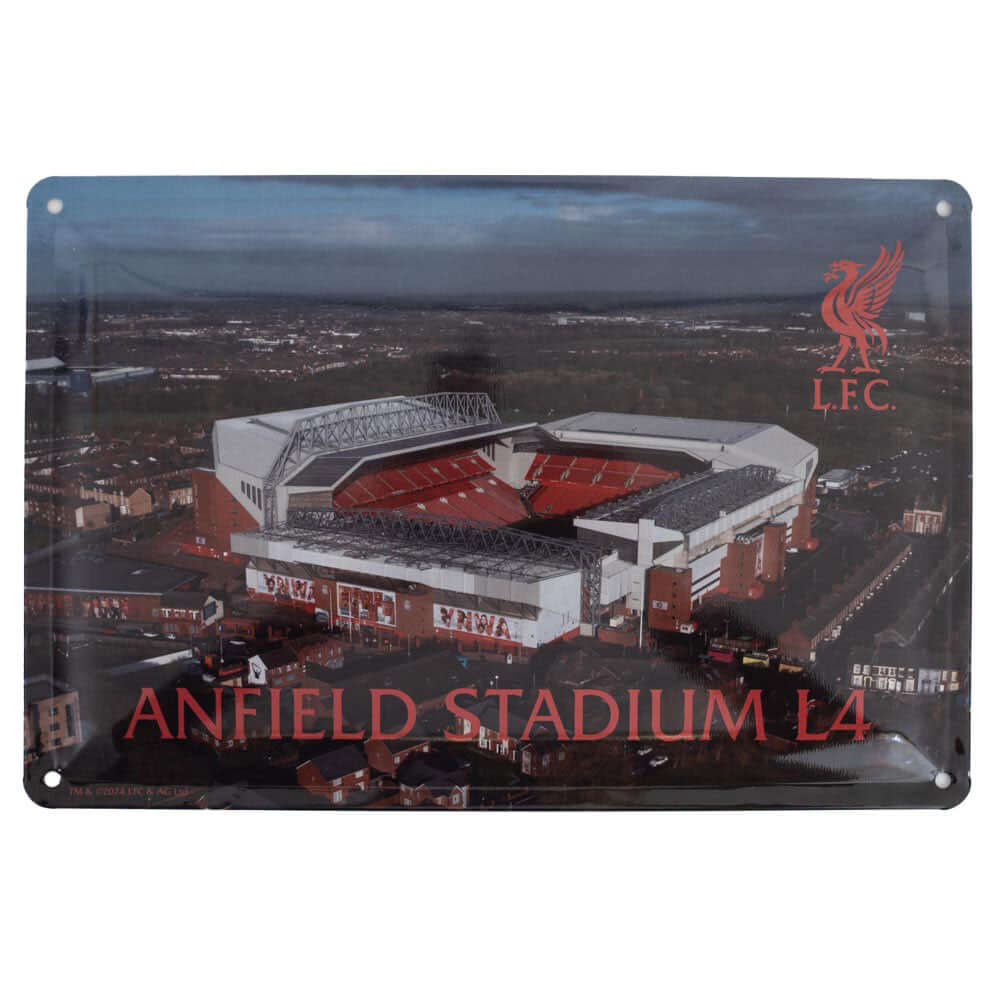 Liverpool FC Large Stadium Sign LKT Sport Deluxe metal Anfield Stadium photo sign with embossed club logo and Anfield Stadium L4 textReady to hang on the wall with four small holes for fixingOfficial licensed productApprox 40cm x 30cm Novelty Signs