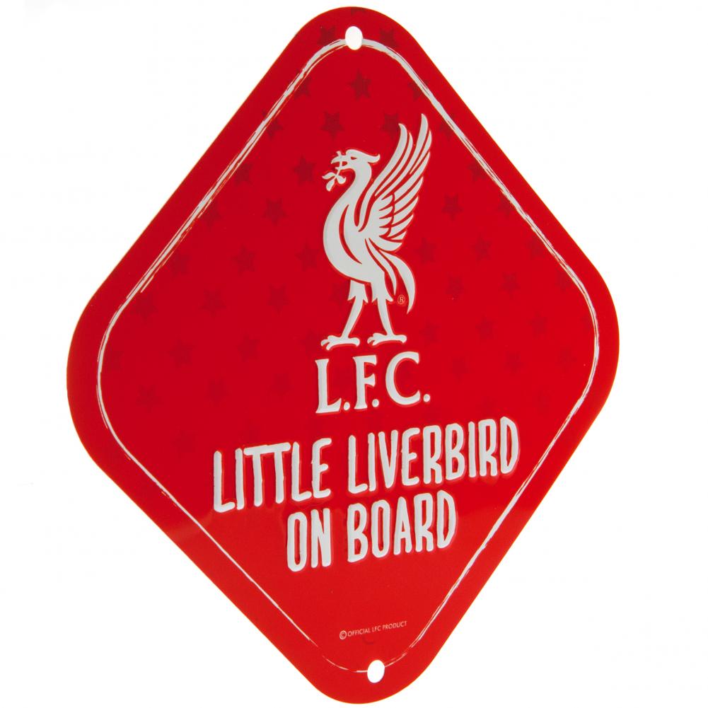 Liverpool FC Little Liverbird Sign LKT Sport Vibrant red design stamped metal sign Square sign with multi star design in background and white crest Ready to hang with a rubber window sucker Official licensed product Approx 15cm x 15cm On a header card Veh