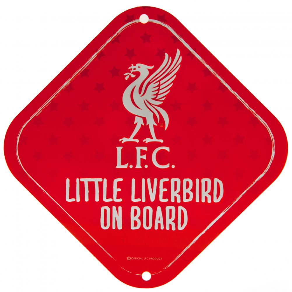 Liverpool FC Little Liverbird Sign LKT Sport Vibrant red design stamped metal sign Square sign with multi star design in background and white crest Ready to hang with a rubber window sucker Official licensed product Approx 15cm x 15cm On a header card Veh