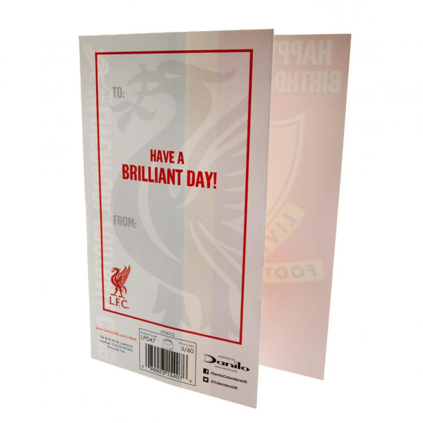 Liverpool FC Liverbird Birthday Card LKT Sport Colourful gloss finish fold out birthday card Featuring a large cut out Liverpool FC crest design Message on the reverse reads 'Have a Brilliant Day' Official licensed product Approx 22cm x 12cm With a plain