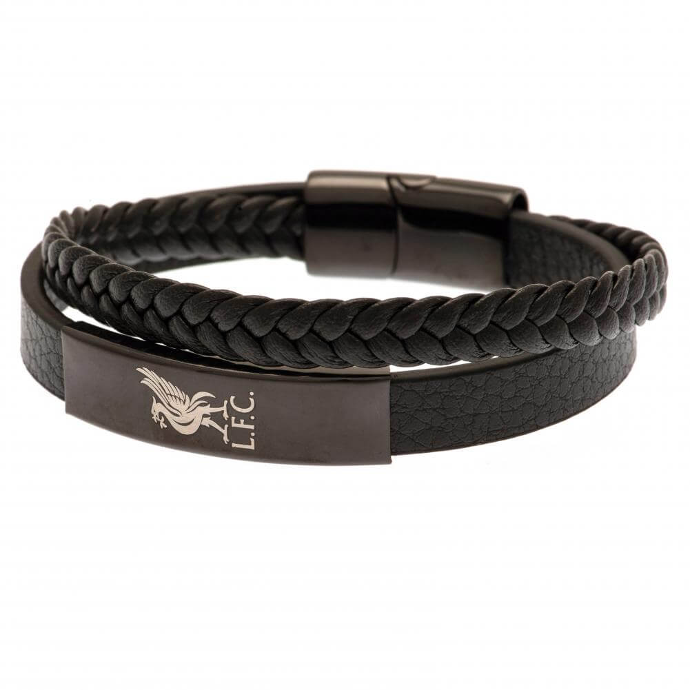 Liverpool FC Liverbird Black IP Leather Bracelet LKT Sport Twin design bracelet made from genuine leatherBlack IP crest plate with an engraved Liverpool logoWith a stainless steel magnetic claspOfficial licensed productApprox 20cm x 1cm Bracelets