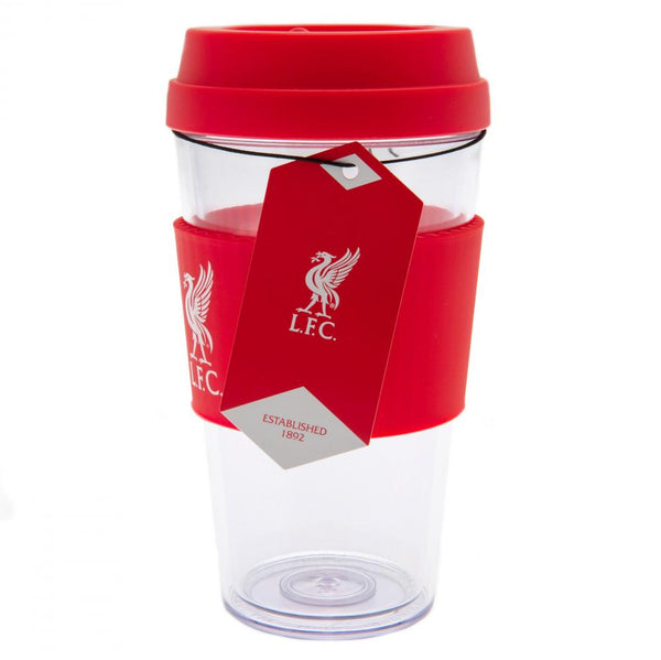 Liverpool FC Liverbird Silicone Grip Travel Mug LKT Sport Clear plastic travel mug Screw top lid with a closeable drinking hole Team colour silicone wrap for easy grip Official licensed product Approx 400ml (13oz) Approx 14cm tall, 8cm in diameter With a