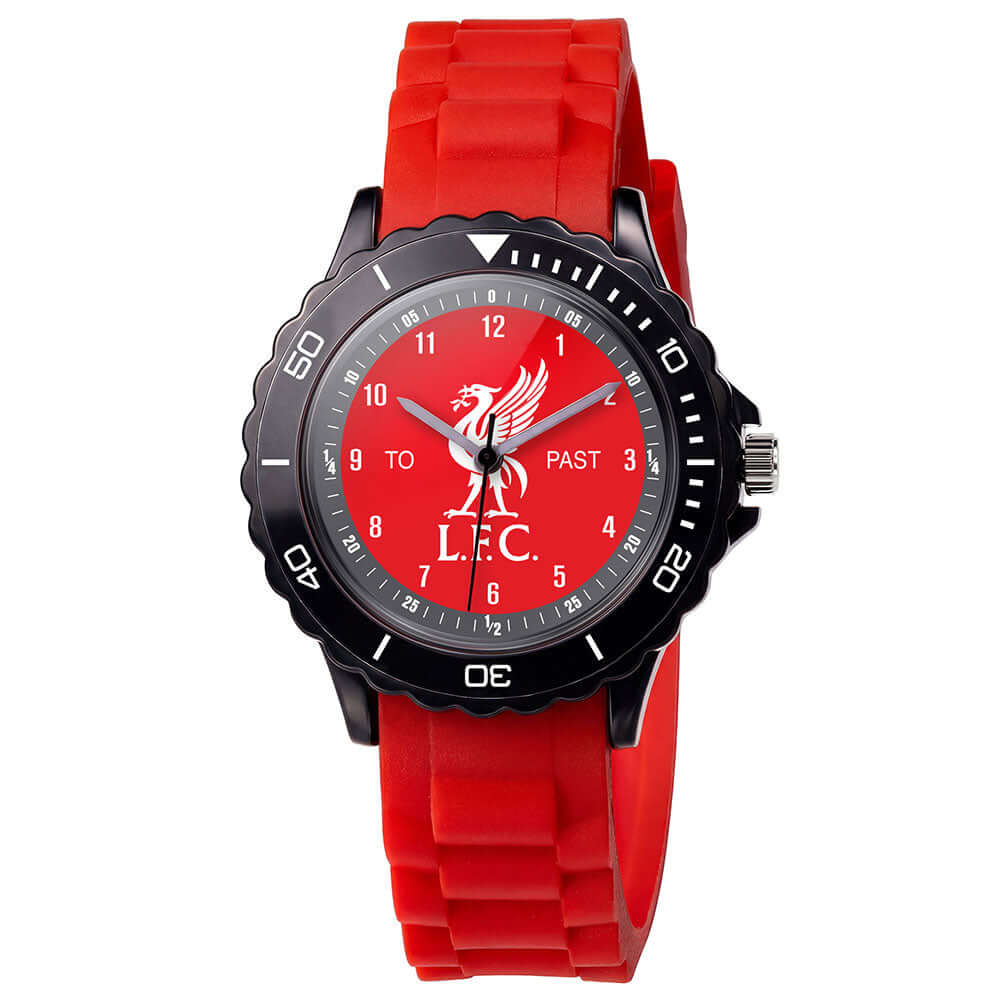 Liverpool FC Liverbird Time Teacher Watch LKT Sport Junior analogue watch with easy read numbers and time teacher handsFeaturing an LFC Liverbird dial in metal casingVibrant and tactile silicone strap with traditional buckle fasteningDesigned to help chil
