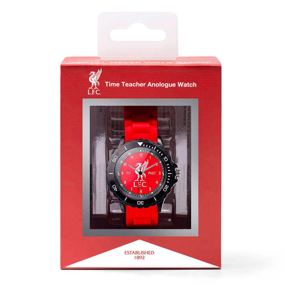 Liverpool FC Liverbird Time Teacher Watch LKT Sport Junior analogue watch with easy read numbers and time teacher handsFeaturing an LFC Liverbird dial in metal casingVibrant and tactile silicone strap with traditional buckle fasteningDesigned to help chil