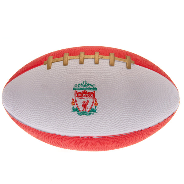 Liverpool FC Mini Foam American Football LKT Sport Mini foam American Football in classic Liverpool coloursRed and white ball with a printed full colour Liverpool crestSoft textured lightweight PU foamOfficial licensed productApprox 15cm x 9cm x 9cm Ameri