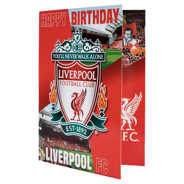Liverpool FC Musical Birthday Card LKT Sport Vibrant Red and white gloss finish birthday card with a large Liverpool crestPlays the famous 'You'll Never Walk Alone' Liverpool anthemFeatures a full colour stadium graphic insideMessage inside reads 'You'll