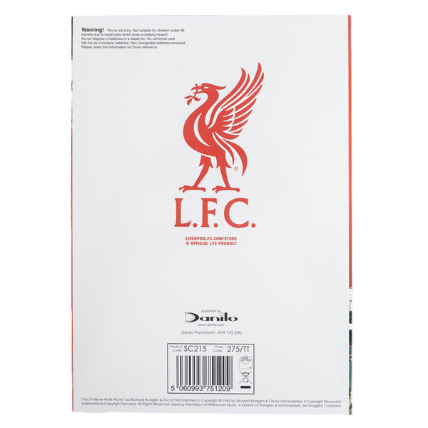 Liverpool FC Musical Birthday Card LKT Sport Vibrant Red and white gloss finish birthday card with a large Liverpool crestPlays the famous 'You'll Never Walk Alone' Liverpool anthemFeatures a full colour stadium graphic insideMessage inside reads 'You'll