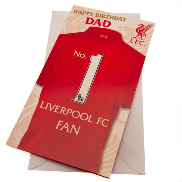 Liverpool FC No. 1 Dad Birthday Card LKT Sport Colourful gloss finish birthday card Featuring a Liverpool shirt graphic and 'Happy Birthday Dad ' text Message inside reads 'You're the Greatest, Happy Birthday' Official licensed product Approx 22cm x 12cm