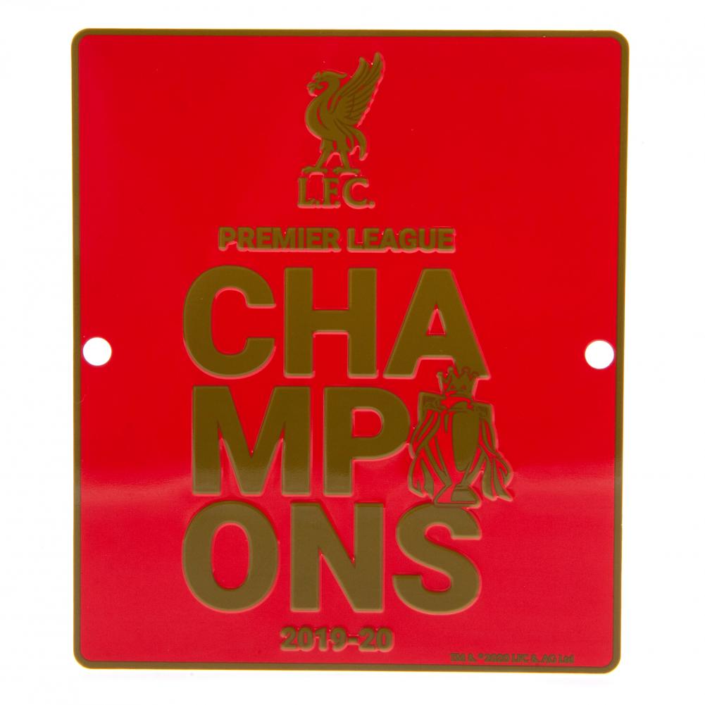 Liverpool FC Premier League Champions Window Sign LKT Sport Vibrant red design stamped metal sign With a large Premier League Champions 2019-20 design in gold Ready to hang on the wall with two small holes for fixing Official licensed product Approx 14cm