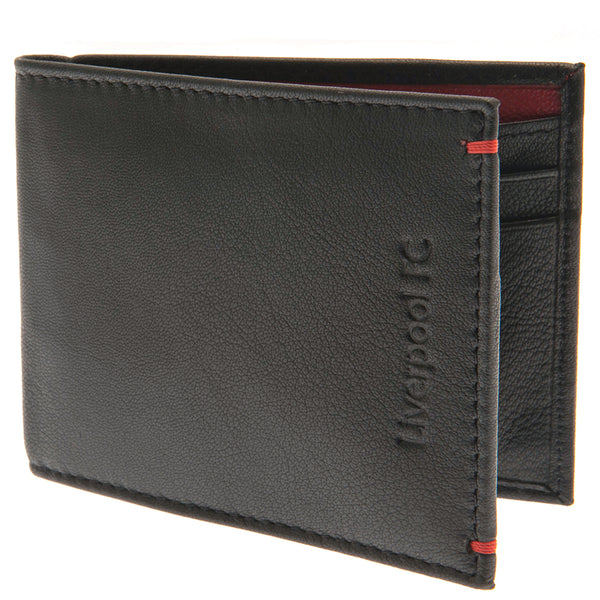 Liverpool FC Premium Leather Wallet LKT Sport Black premium leather wallet with embossed Liverpool FC text on the front and red stitching detailIncludes a luxurious red leather inner to compliment the wallet with Liverpool FC printed in gold inside4 card
