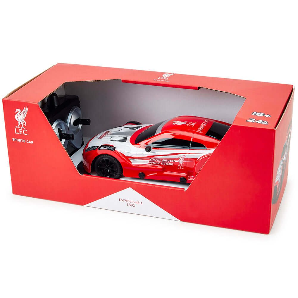 Liverpool FC Radio Control Sportscar 1:24 Scale LKT Sport Sleek and streamlined sportscar with iconic style brandingComplete with a Liverbird crest on the roof and the slogan 'You'll never walk alone' on the bonnet and doorsIncludes an oversized spoiler o