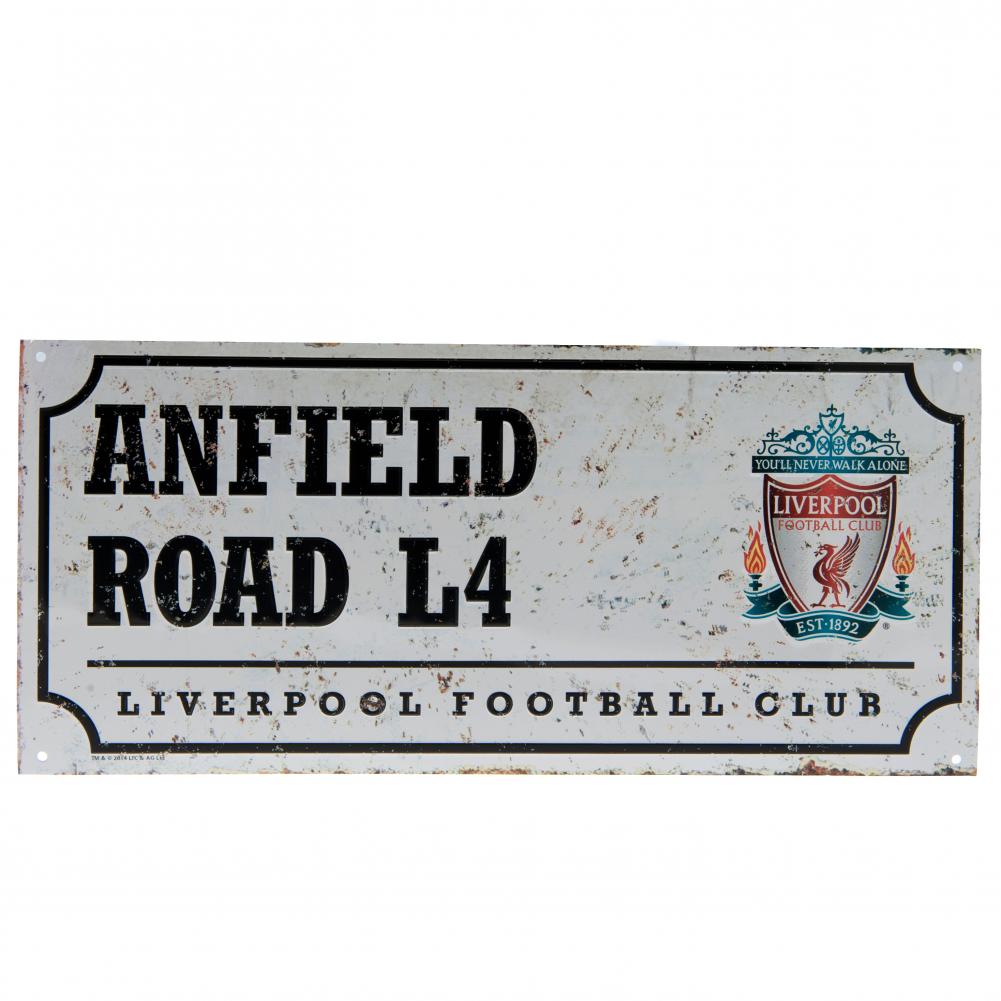 Liverpool FC Retro Street Sign LKT Sport Gloss finish design stamped metal wall sign Retro style Anfield L4 road sign, the home of Liverpool FC on a rustic look background Ready to hang on the wall with four small holes for fixing Official licensed produc