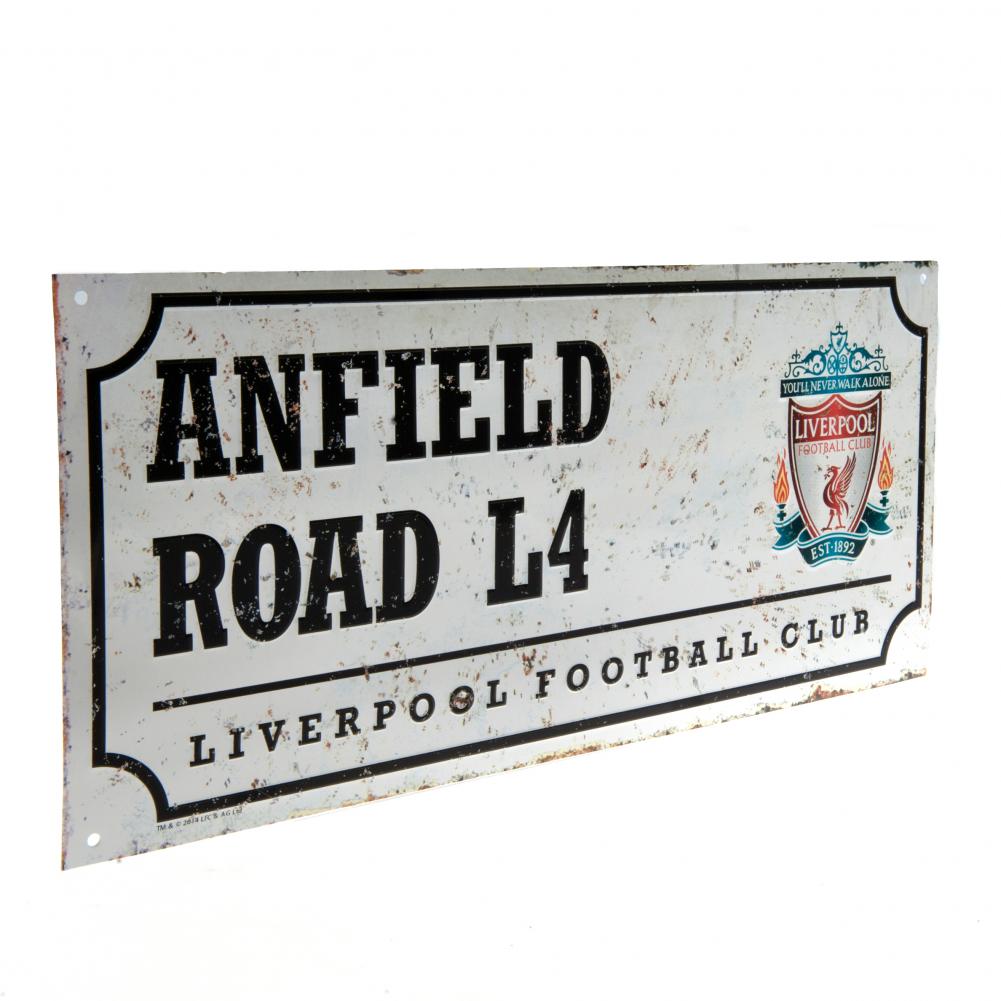 Liverpool FC Retro Street Sign LKT Sport Gloss finish design stamped metal wall sign Retro style Anfield L4 road sign, the home of Liverpool FC on a rustic look background Ready to hang on the wall with four small holes for fixing Official licensed produc
