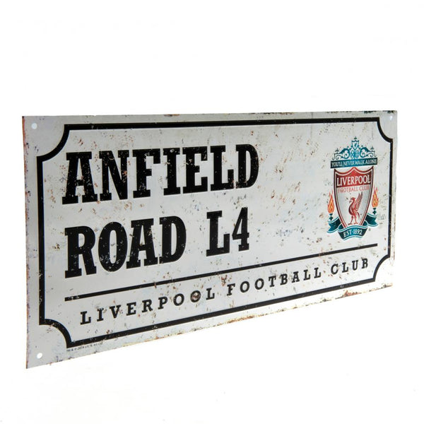 Liverpool FC Retro Street Sign LKT Sport Gloss finish design stamped metal wall sign Retro style Anfield L4 road sign, the home of Liverpool FC on a rustic look background Ready to hang on the wall with four small holes for fixing Official licensed produc