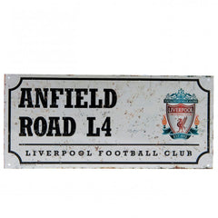 Liverpool FC Retro Street Sign LKT Sport Gloss finish design stamped metal wall sign Retro style Anfield L4 road sign, the home of Liverpool FC on a rustic look background Ready to hang on the wall with four small holes for fixing Official licensed produc