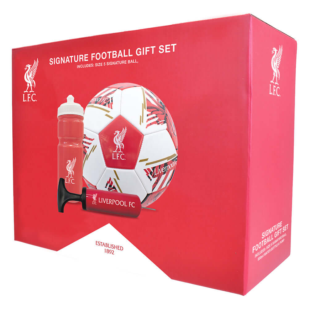 Liverpool FC Signature Gift Set LKT Sport Signed training equipment Liverpool gift setContaining a size 5 PVC footballA 500ml water bottleAnd a mini hand pumpOfficial licensed productBottle approx 19cm tall, 8cm in diameter and 500mlPump approx 19cm long,