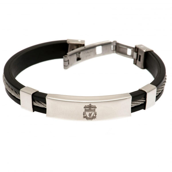 Liverpool FC Silver Inlay Silicone Bracelet LKT Sport Stylish black silicone bracelet with a silver colour rope insert With a stainless steel crest plate featuring the club logo Stainless steel deployment clasp Official licensed product Approx 20cm x 1cm