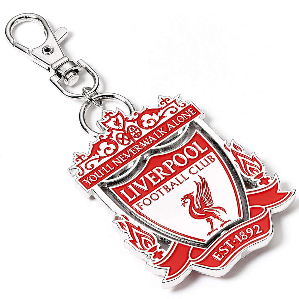 Liverpool FC Spinning Bag Charm LKT Sport Bright, colourful and highly detailed metal bag charmFeaturing a spinning center with the Liverpool crestWith a lobster claw claspOfficial licensed productApprox 70mm x 50mm Keychains