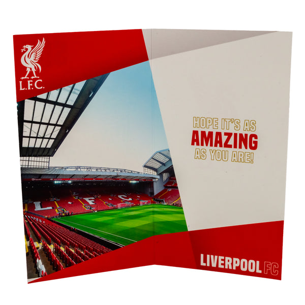 Liverpool FC Super Son Birthday Card LKT Sport Red and white gloss finish birthday cardFeaturing the LFC crest with the title Super Son at the top of the cardMessage inside reads 'Hope it's as amazing as you are!'Official licensed productApprox 22cm x 12c