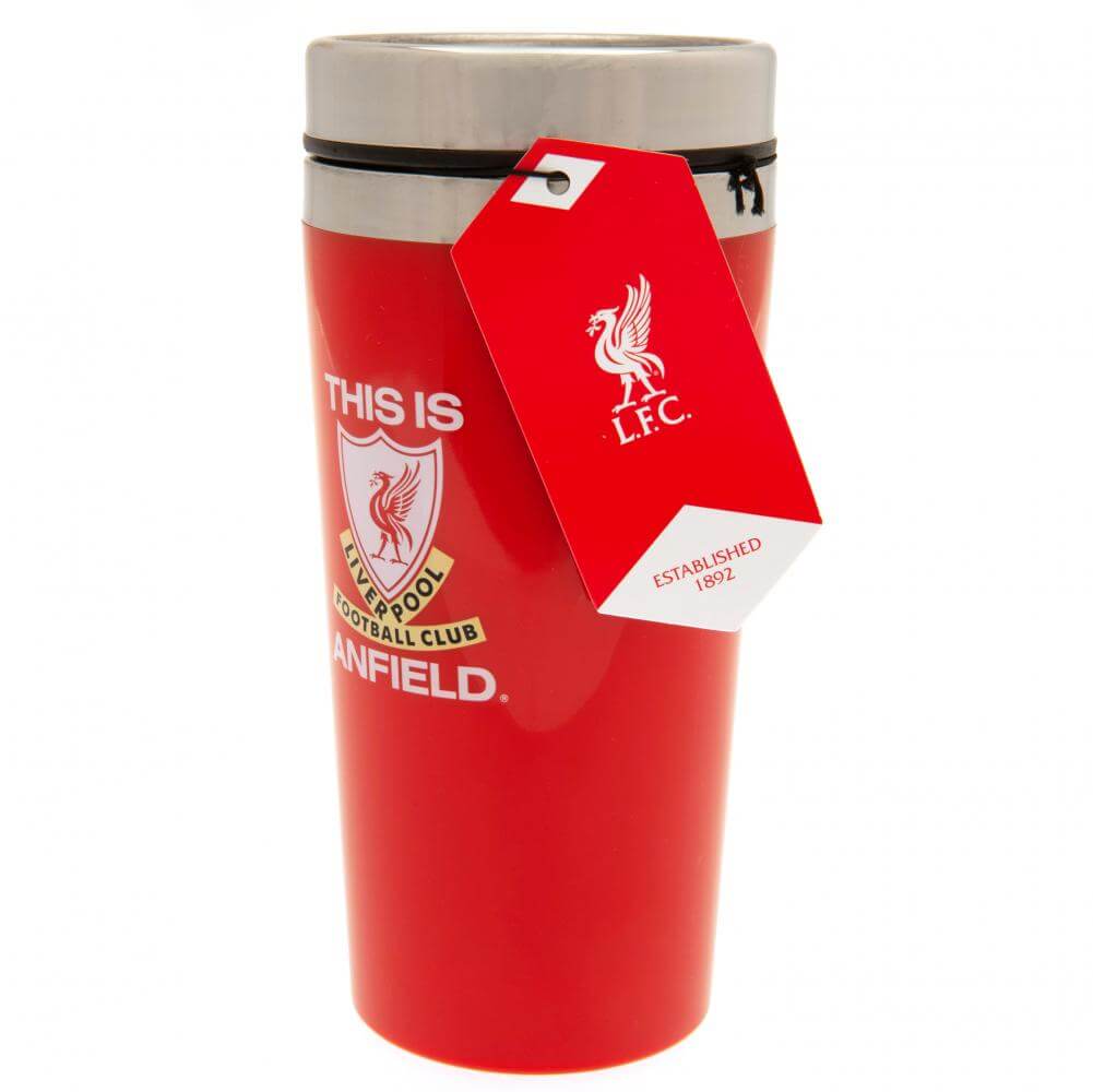 Liverpool FC TIA Travel Mug LKT Sport Stainless steel double-walled thermal travel mugMaintains the temperature of your drink for longerIconic LFC design finished in a vibrant redSilver rim screw top lid with slide close drinking holeOfficial licensed pro