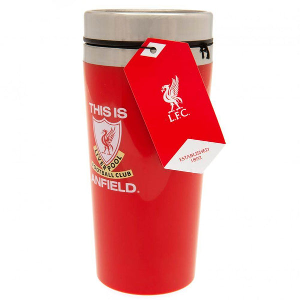 Liverpool FC TIA Travel Mug LKT Sport Stainless steel double-walled thermal travel mugMaintains the temperature of your drink for longerIconic LFC design finished in a vibrant redSilver rim screw top lid with slide close drinking holeOfficial licensed pro